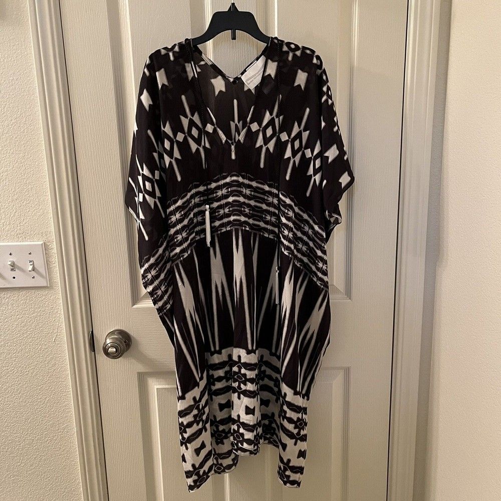 Marie France Van Damme Ethnic Printed Silk Short Boubou Caftan Black White OS